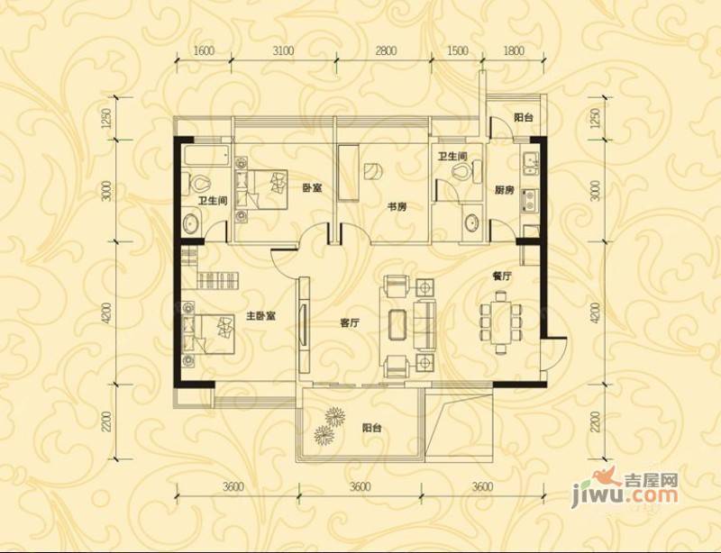 中瀚聚龙广场3室2厅2卫105㎡户型图