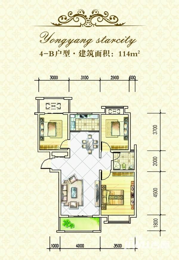 首和山语城3室2厅1卫114㎡户型图