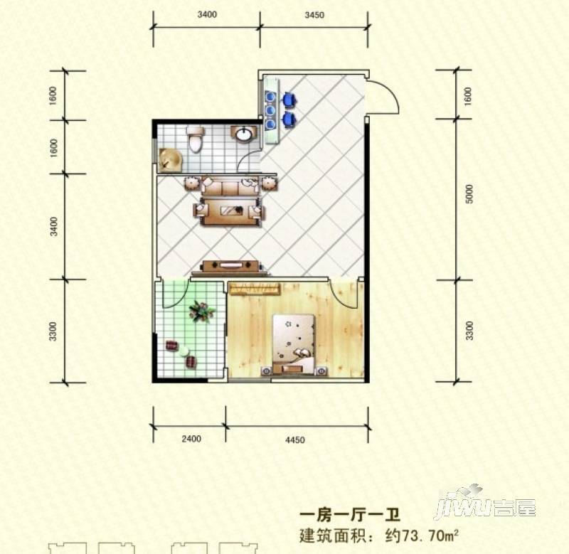 金芙蓉岳塘映象1室1厅1卫73.7㎡户型图